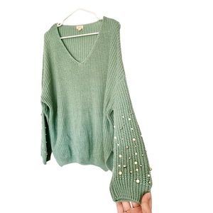 Debut Blue/Green Knit Pearl Sleeve Sweater